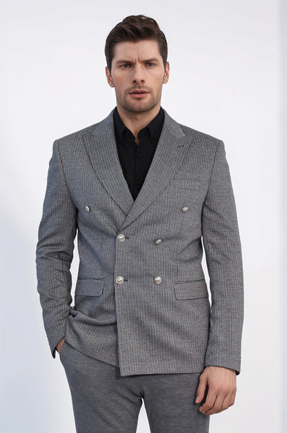 Anthracite Pinstriped Slim Fit Double-Breasted Blazer with Silver Metal Buttons – Wessi