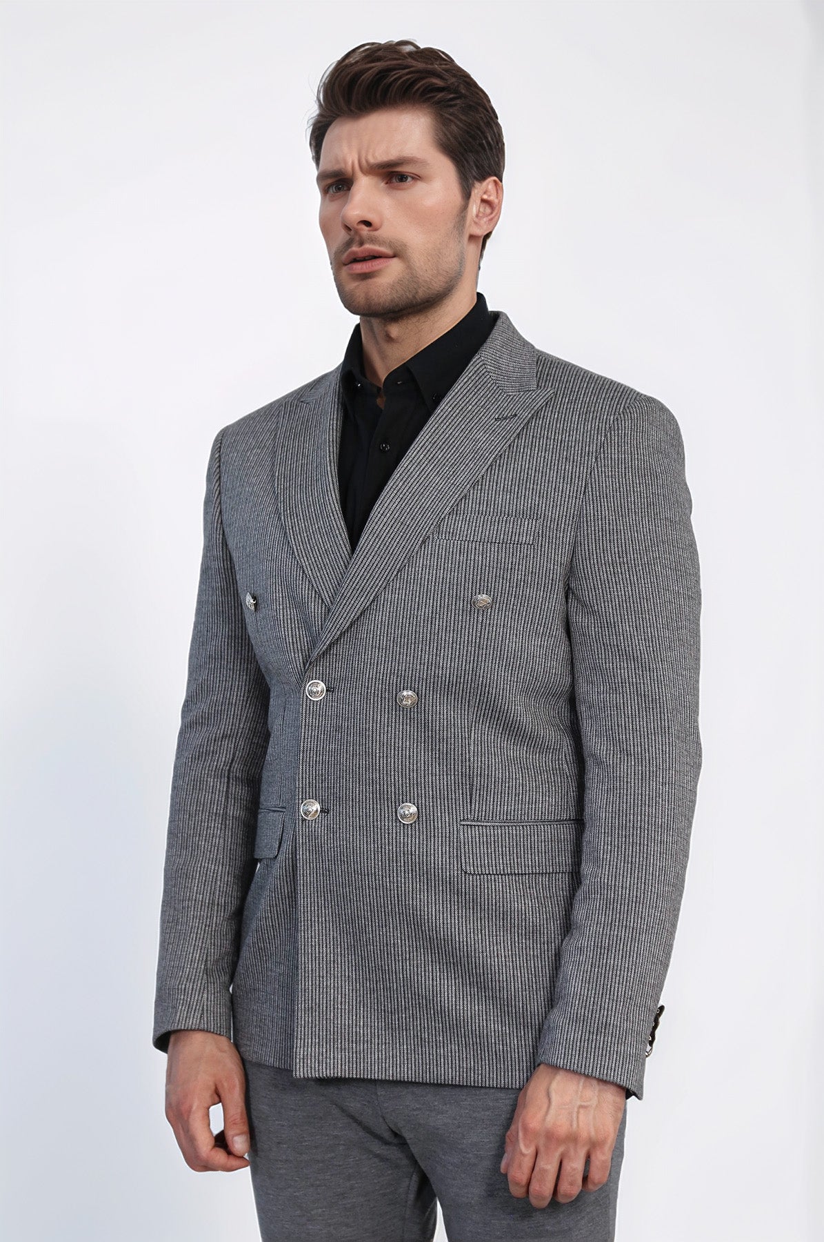 Anthracite Pinstriped Slim Fit Double-Breasted Blazer with Silver Metal Buttons – Wessi