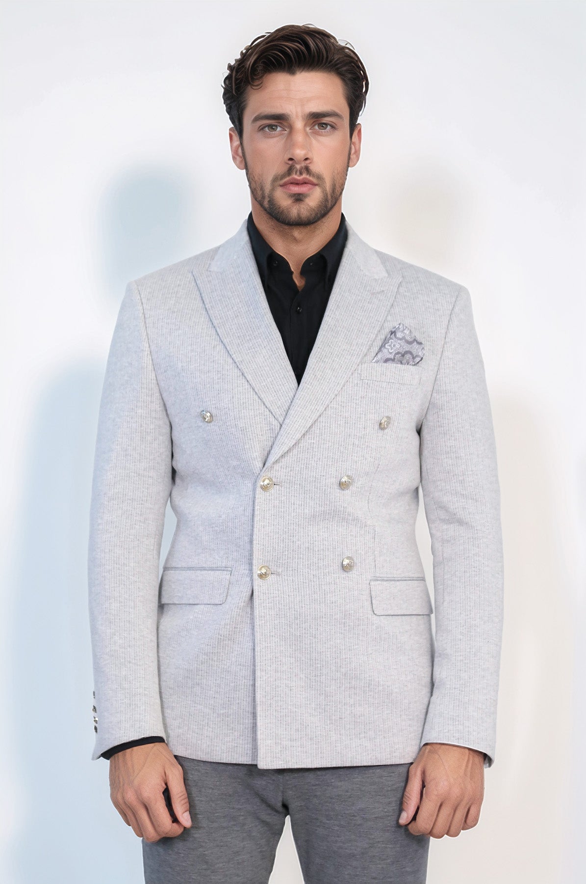 Gray Pinstriped Slim Fit Double-Breasted Blazer with Silver Metal Buttons – Wessi