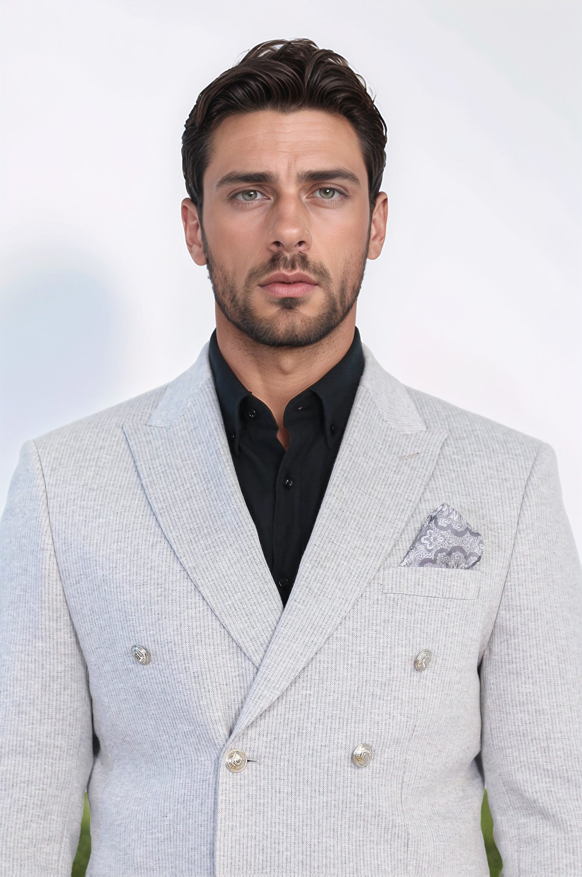 Gray Pinstriped Slim Fit Double-Breasted Blazer with Silver Metal Buttons – Wessi