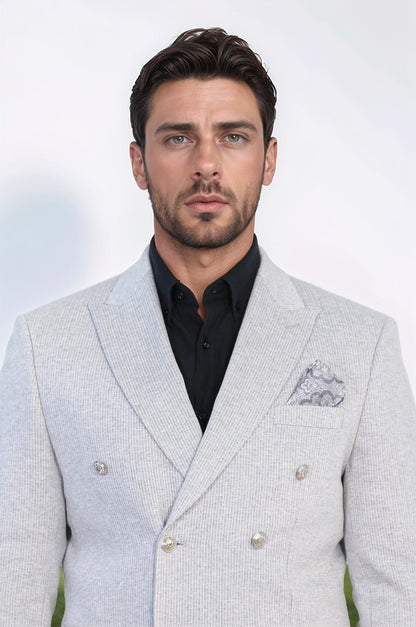 Gray Pinstriped Slim Fit Double-Breasted Blazer with Silver Metal Buttons – Wessi
