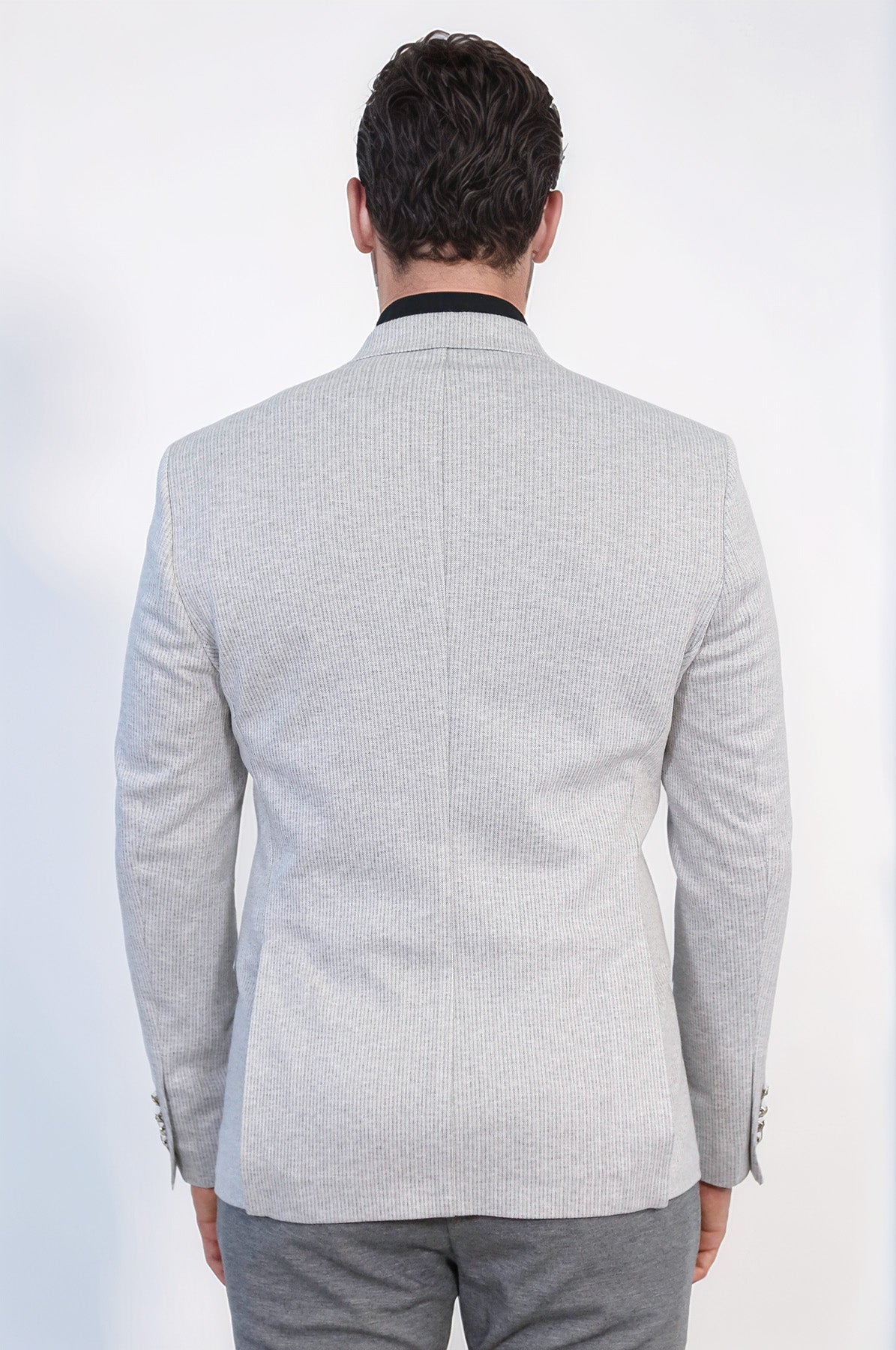 Gray Pinstriped Slim Fit Double-Breasted Blazer with Silver Metal Buttons – Wessi