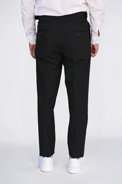 Black Double-Pleated High-Waisted Slim Fit Trousers with Side Buckles – Wessi
