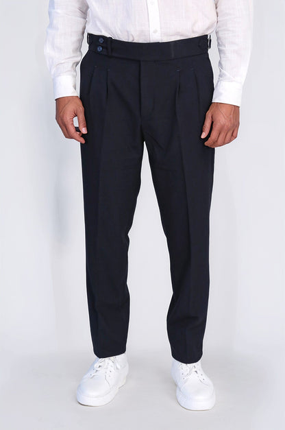 Navy Double-Pleated High-Waisted Slim Fit Trousers with Side Buckles – Wessi