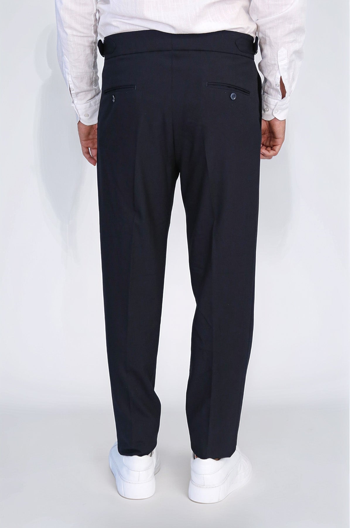 Navy Double-Pleated High-Waisted Slim Fit Trousers with Side Buckles – Wessi