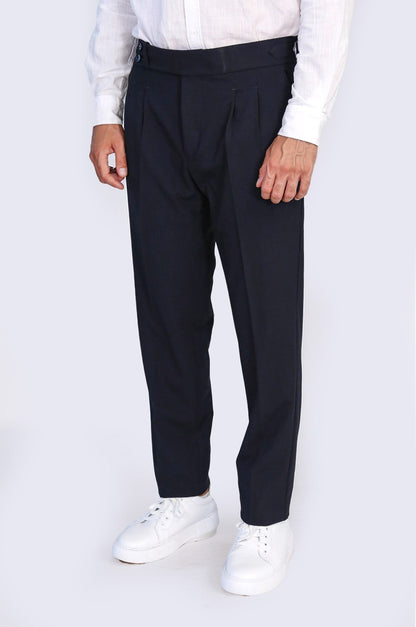 Navy Double-Pleated High-Waisted Slim Fit Trousers with Side Buckles – Wessi