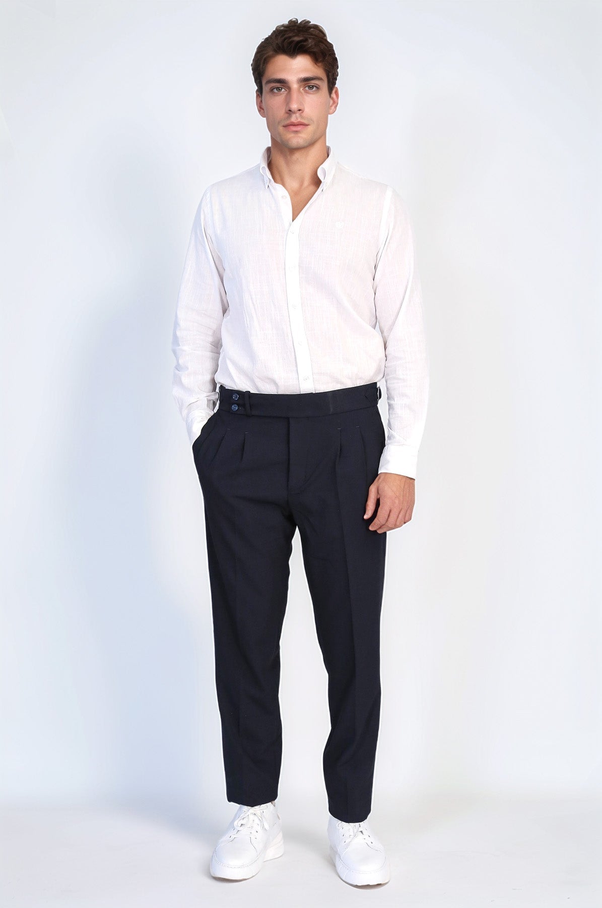 Navy Double-Pleated High-Waisted Slim Fit Trousers with Side Buckles – Wessi