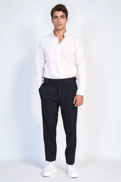 Navy Double-Pleated High-Waisted Slim Fit Trousers with Side Buckles – Wessi