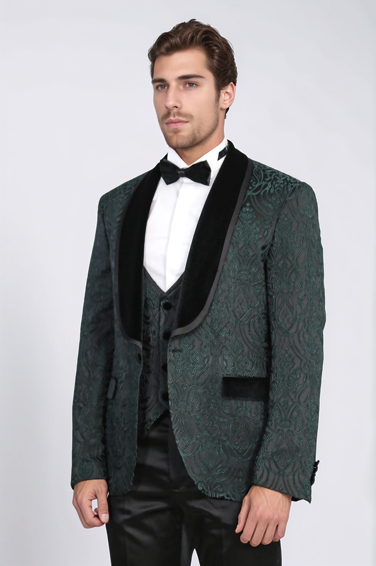 Baroque Patterned Velvet Shawl Collar Vested Green Tuxedo - Wessi