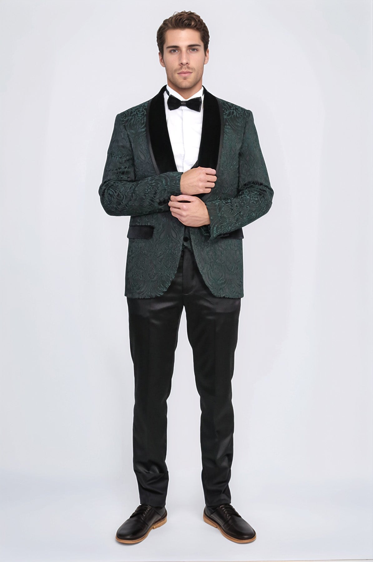 Baroque Patterned Velvet Shawl Collar Vested Green Tuxedo - Wessi