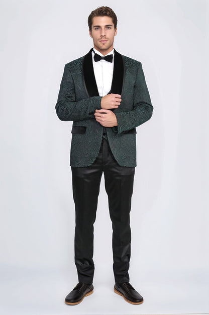 Baroque Patterned Velvet Shawl Collar Vested Green Tuxedo - Wessi