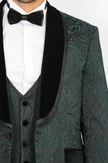 Baroque Patterned Velvet Shawl Collar Vested Green Tuxedo - Wessi