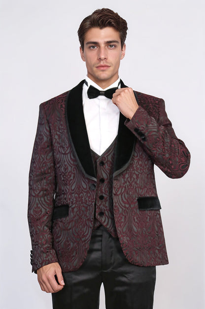 Baroque Patterned Velvet Shawl Collar Vested Burgundy Tuxedo - Wessi