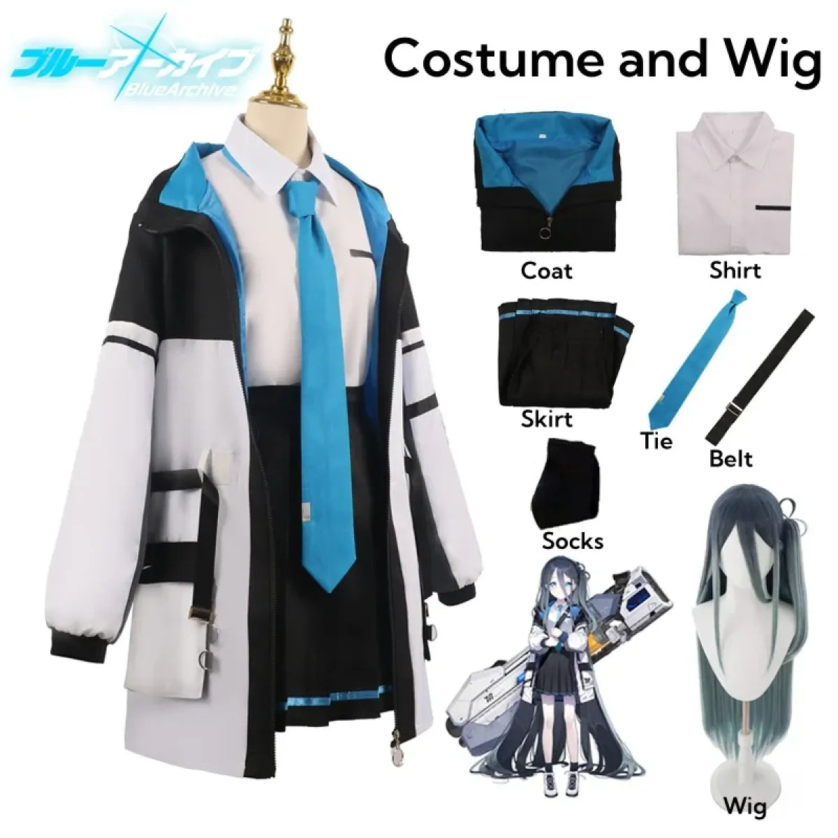Blue Archive Tendou Arisu Cosplay Costume – Uniform, Wig &amp; Coat Set