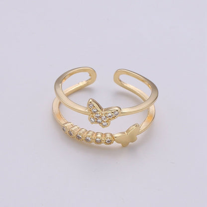 OS Thin gold Vermeil double band ring - Dainty Butterfly Ring Stacking ring - wrap ring for Christmas Gift idea R-149