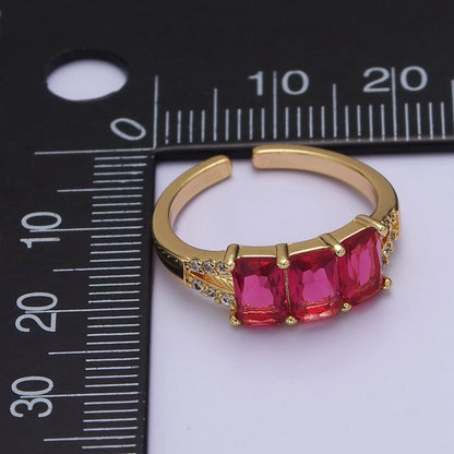 Three Pink Fuchsia Emerald Cut CZ Gold Band Open Adjustable Statement Jewelry O-2073