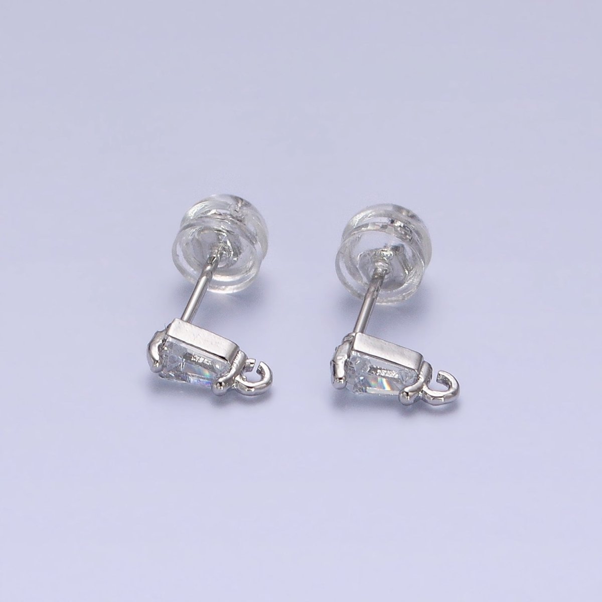 Tiny Gold CZ Baguette Setting Earring Post Rectangular Bar Stud Earrings with Open Link for Earring Component Z-176 Z-177