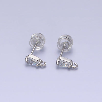 Tiny Gold CZ Baguette Setting Earring Post Rectangular Bar Stud Earrings with Open Link for Earring Component Z-176 Z-177