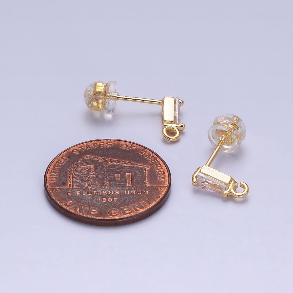 Tiny Gold CZ Baguette Setting Earring Post Rectangular Bar Stud Earrings with Open Link for Earring Component Z-176 Z-177