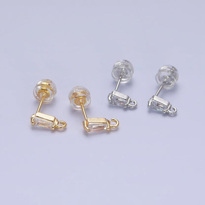 Tiny Gold CZ Baguette Setting Earring Post Rectangular Bar Stud Earrings with Open Link for Earring Component Z-176 Z-177