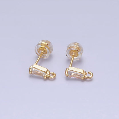 Tiny Gold CZ Baguette Setting Earring Post Rectangular Bar Stud Earrings with Open Link for Earring Component Z-176 Z-177