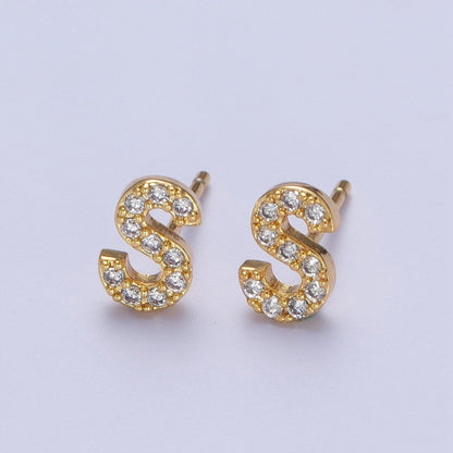 Tiny Initial Earring, Letter Stud Earrings, Initials Earrings, Diamond CZ Initial Earrings, Letter Studs Dainty Earring | AE-1056~AE-1081