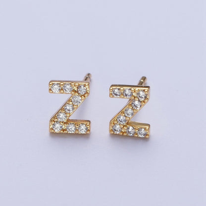 Tiny Initial Earring, Letter Stud Earrings, Initials Earrings, Diamond CZ Initial Earrings, Letter Studs Dainty Earring | AE-1056~AE-1081
