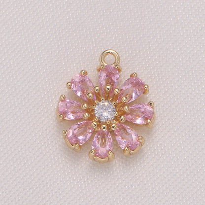 Tiny Pink Purple Daisy Flower Cubic Zirconia Charm CZ Floral Nature Micro Pave Charm Pendant D-767