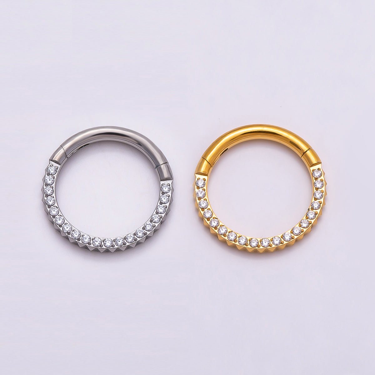 Titanium 10.5mm Micro Paved CZ Single Septum Cartilage Piercing Clicker in Gold &amp; Silver | BJ-00202 BJ-00203