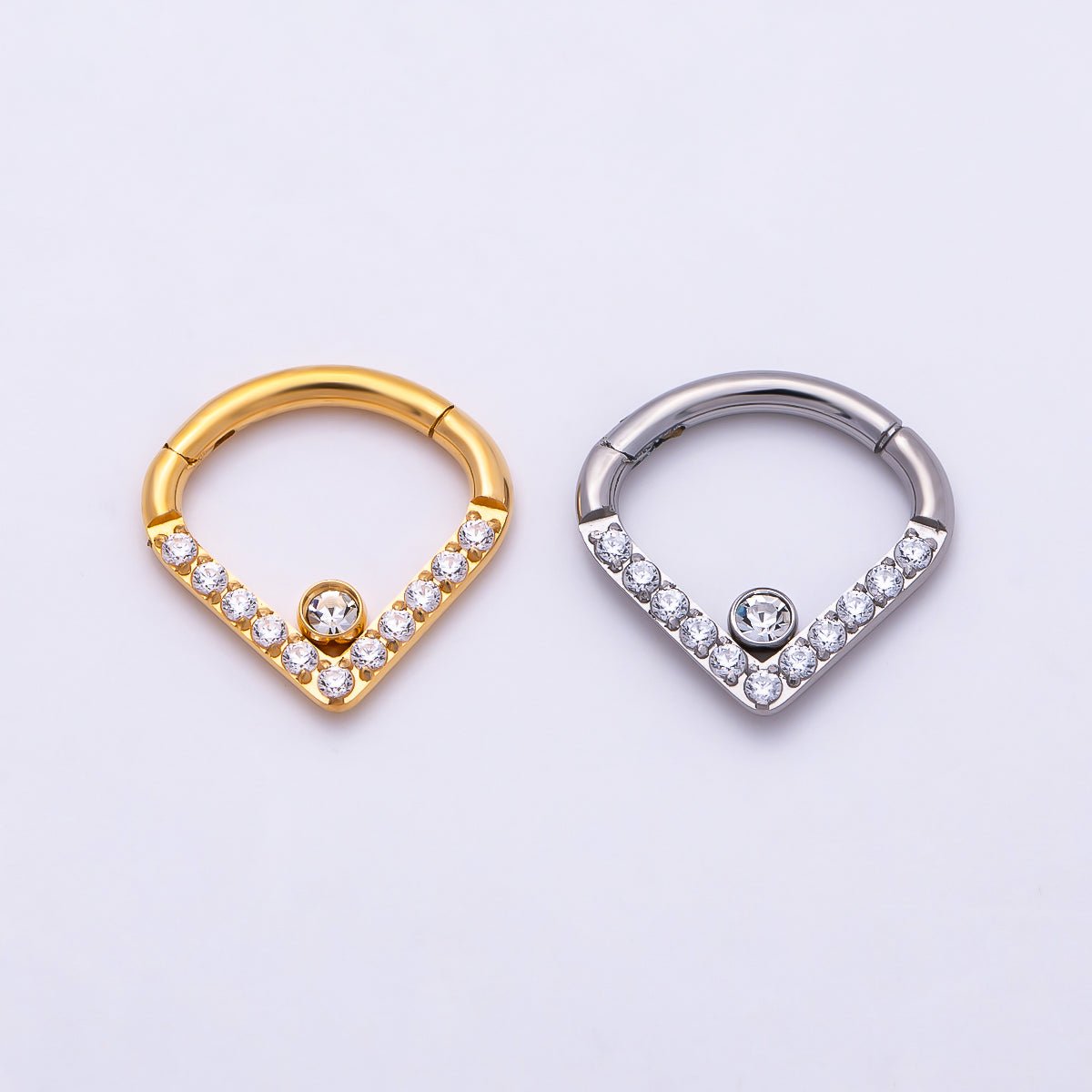 Titanium 10.5mm V-Shaped Chevron Micro Paved CZ Single Septum Cartilage Piercing Clicker in Gold &amp; Silver | BJ-00242 BJ-00243