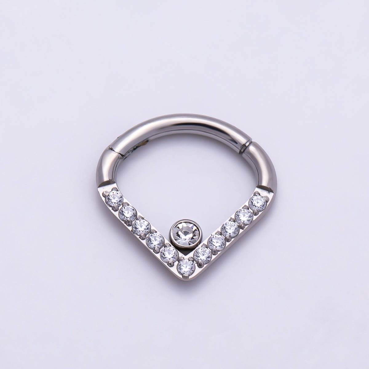 Titanium 10.5mm V-Shaped Chevron Micro Paved CZ Single Septum Cartilage Piercing Clicker in Gold &amp; Silver | BJ-00242 BJ-00243