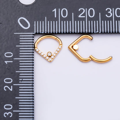 Titanium 10.5mm V-Shaped Chevron Micro Paved CZ Single Septum Cartilage Piercing Clicker in Gold &amp; Silver | BJ-00242 BJ-00243