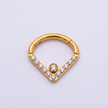 Titanium 10.5mm V-Shaped Chevron Micro Paved CZ Single Septum Cartilage Piercing Clicker in Gold &amp; Silver | BJ-00242 BJ-00243