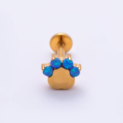 Titanium 11mm Blue Opal Paw Print Cartilage Piercing Flat Back Stud in Gold &amp; Silver | BJ-00211 BJ-00212