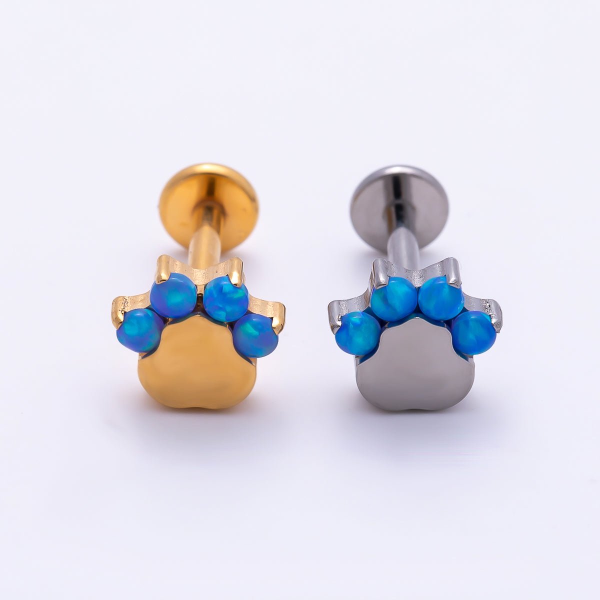 Titanium 11mm Blue Opal Paw Print Cartilage Piercing Flat Back Stud in Gold &amp; Silver | BJ-00211 BJ-00212