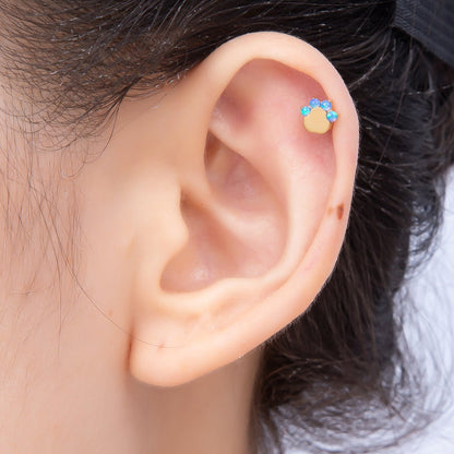 Titanium 11mm Blue Opal Paw Print Cartilage Piercing Flat Back Stud in Gold &amp; Silver | BJ-00211 BJ-00212