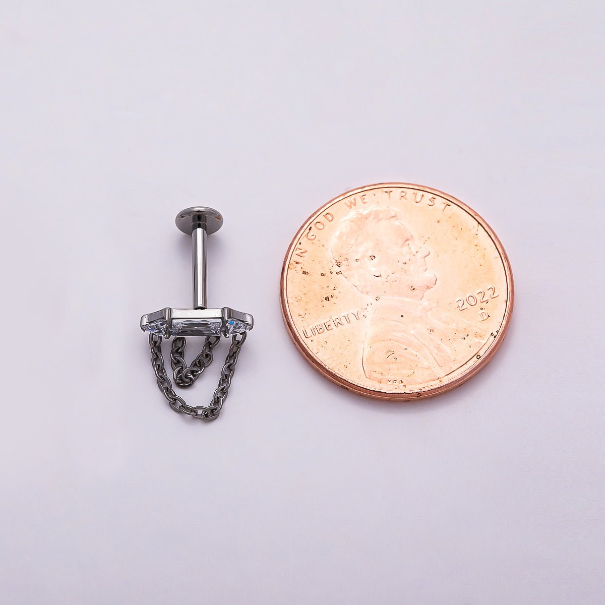 Titanium 11mm Clear CZ Baguette Chain Drop Cartilage Piercing Flat Back Stud in Gold &amp; Silver | BJ-00168 BJ-00169
