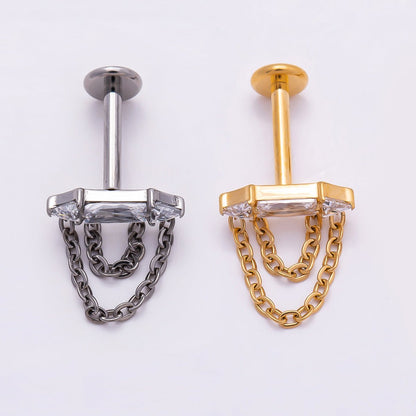 Titanium 11mm Clear CZ Baguette Chain Drop Cartilage Piercing Flat Back Stud in Gold &amp; Silver | BJ-00168 BJ-00169