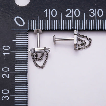 Titanium 11mm Clear CZ Baguette Chain Drop Cartilage Piercing Flat Back Stud in Gold &amp; Silver | BJ-00168 BJ-00169