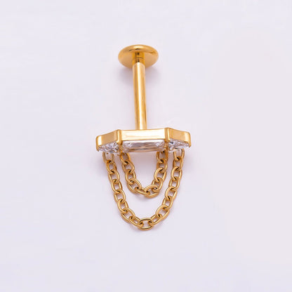 Titanium 11mm Clear CZ Baguette Chain Drop Cartilage Piercing Flat Back Stud in Gold &amp; Silver | BJ-00168 BJ-00169