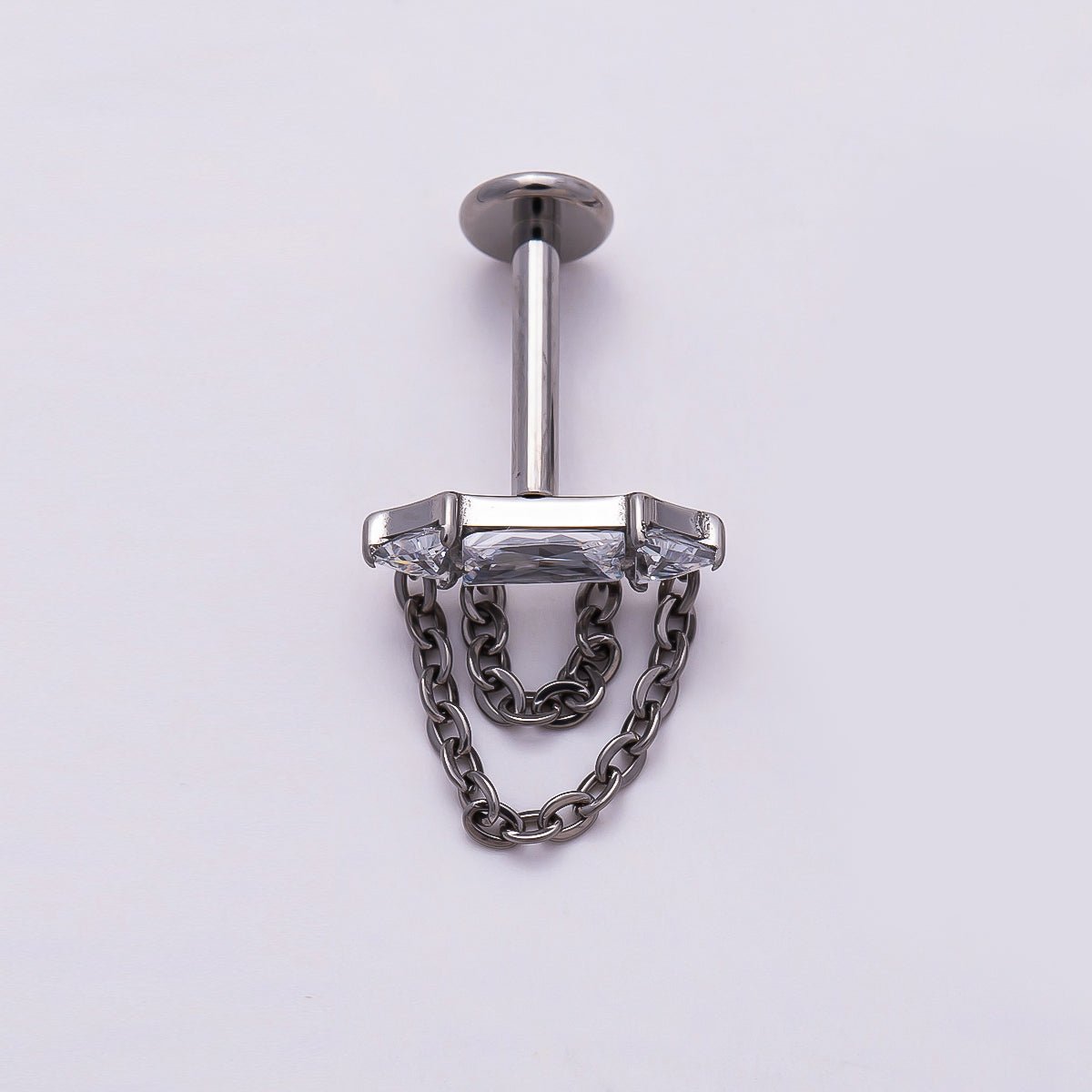 Titanium 11mm Clear CZ Baguette Chain Drop Cartilage Piercing Flat Back Stud in Gold &amp; Silver | BJ-00168 BJ-00169