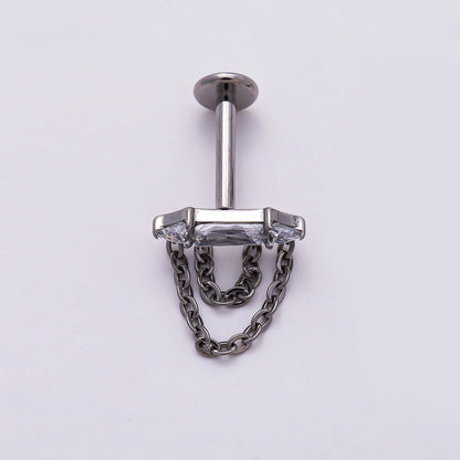 Titanium 11mm Clear CZ Baguette Chain Drop Cartilage Piercing Flat Back Stud in Gold &amp; Silver | BJ-00168 BJ-00169