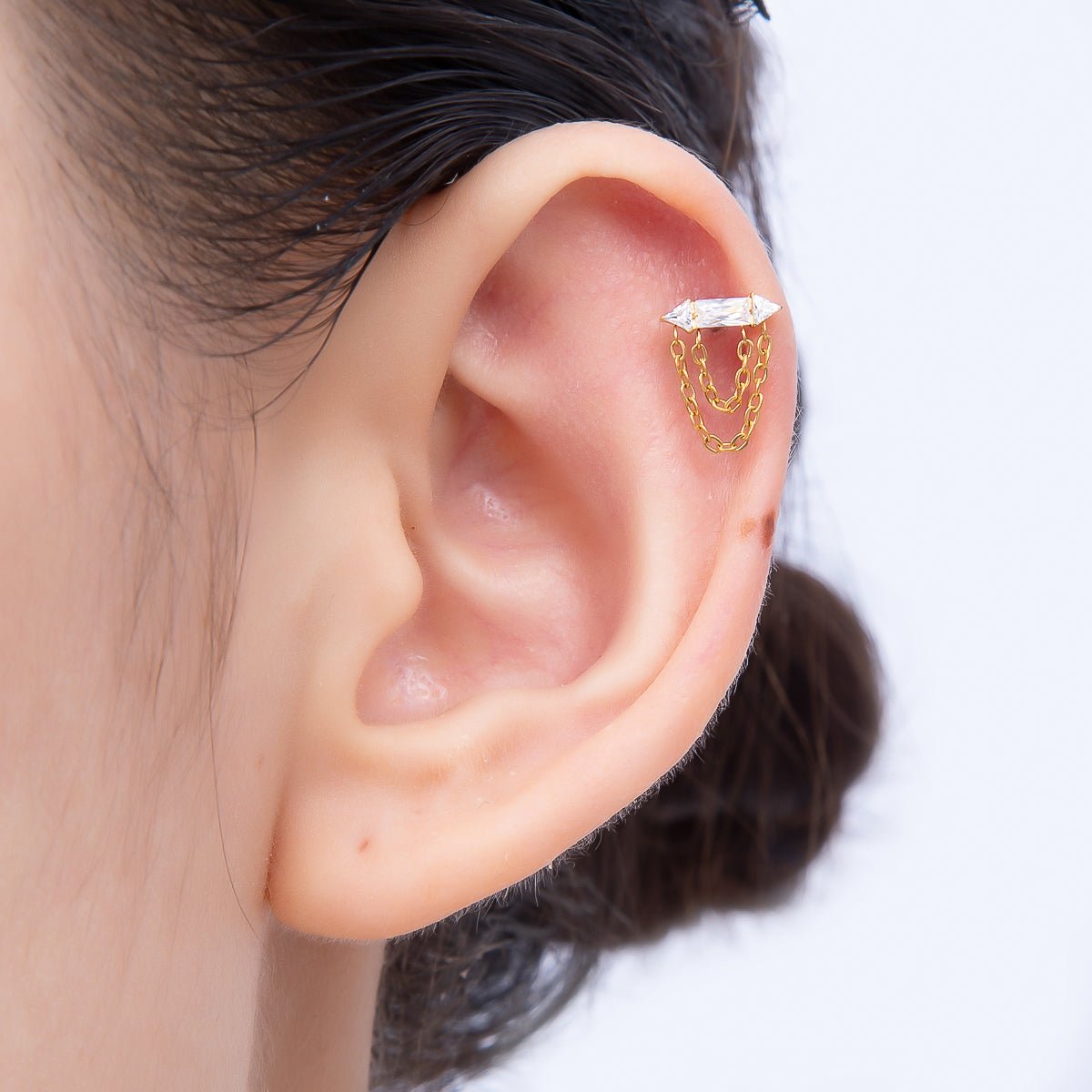 Titanium 11mm Clear CZ Baguette Chain Drop Cartilage Piercing Flat Back Stud in Gold &amp; Silver | BJ-00168 BJ-00169
