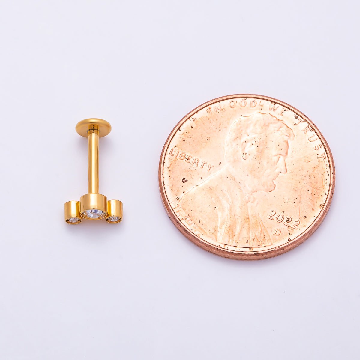 Titanium 11mm Triple Round CZ Bezel Cartilage Piercing Flat Back Stud in Gold &amp; Silver | BJ-00209 BJ-00210