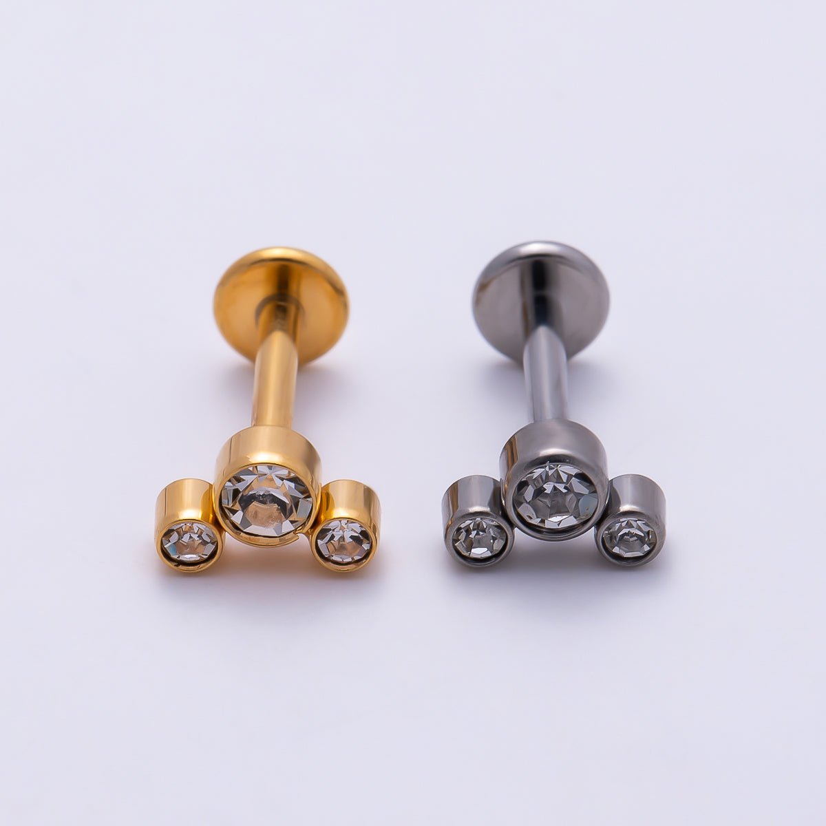 Titanium 11mm Triple Round CZ Bezel Cartilage Piercing Flat Back Stud in Gold &amp; Silver | BJ-00209 BJ-00210