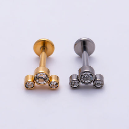 Titanium 11mm Triple Round CZ Bezel Cartilage Piercing Flat Back Stud in Gold &amp; Silver | BJ-00209 BJ-00210