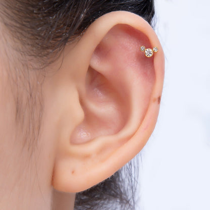 Titanium 11mm Triple Round CZ Bezel Cartilage Piercing Flat Back Stud in Gold &amp; Silver | BJ-00209 BJ-00210