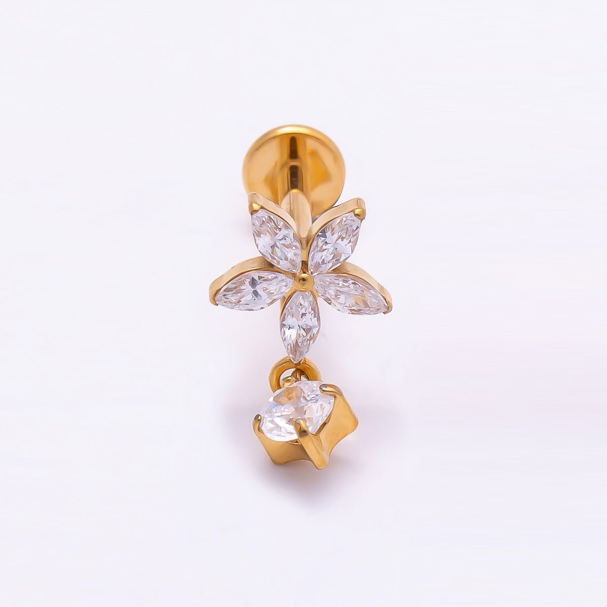 Titanium 13mm Clear CZ Flower Drop Cartilage Piercing Flat Back Stud in Gold &amp; Silver | BJ-00170 BJ-00171