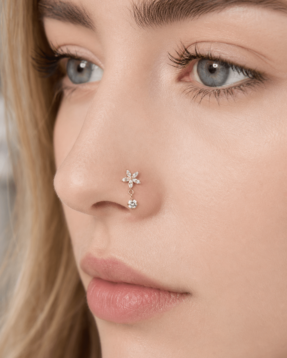 Titanium 13mm Clear CZ Flower Drop Cartilage Piercing Flat Back Stud in Gold &amp; Silver | BJ-00170 BJ-00171