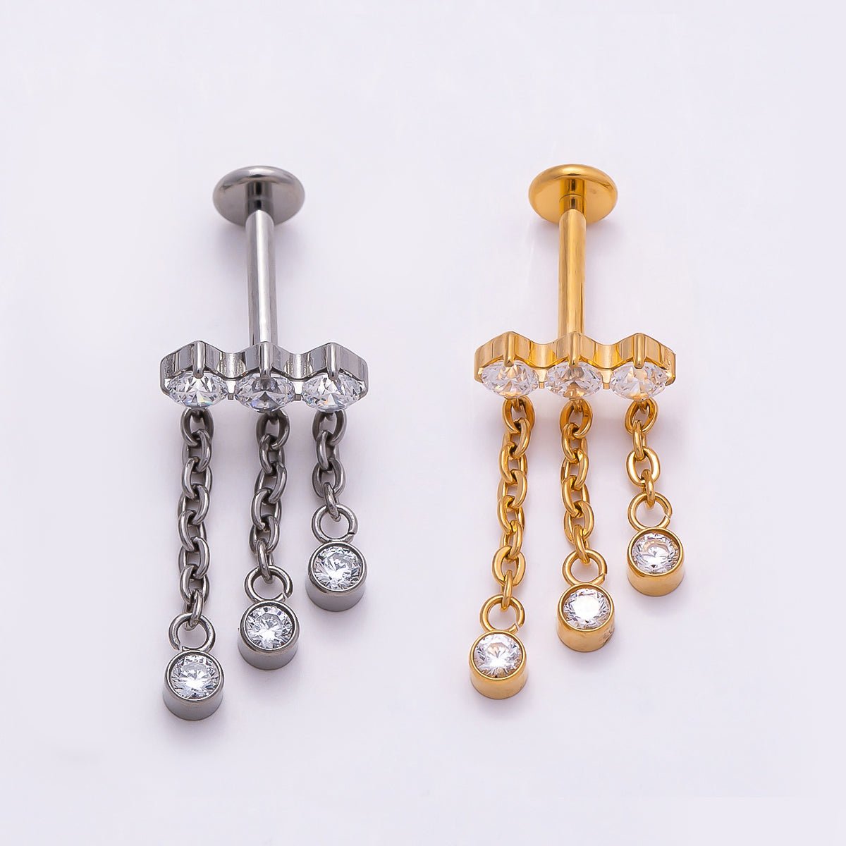 Titanium 18.5mm Triple Clear CZ Round Drop Cartilage Piercing Flat Back Stud in Gold &amp; Silver | BJ-00172 BJ-00173